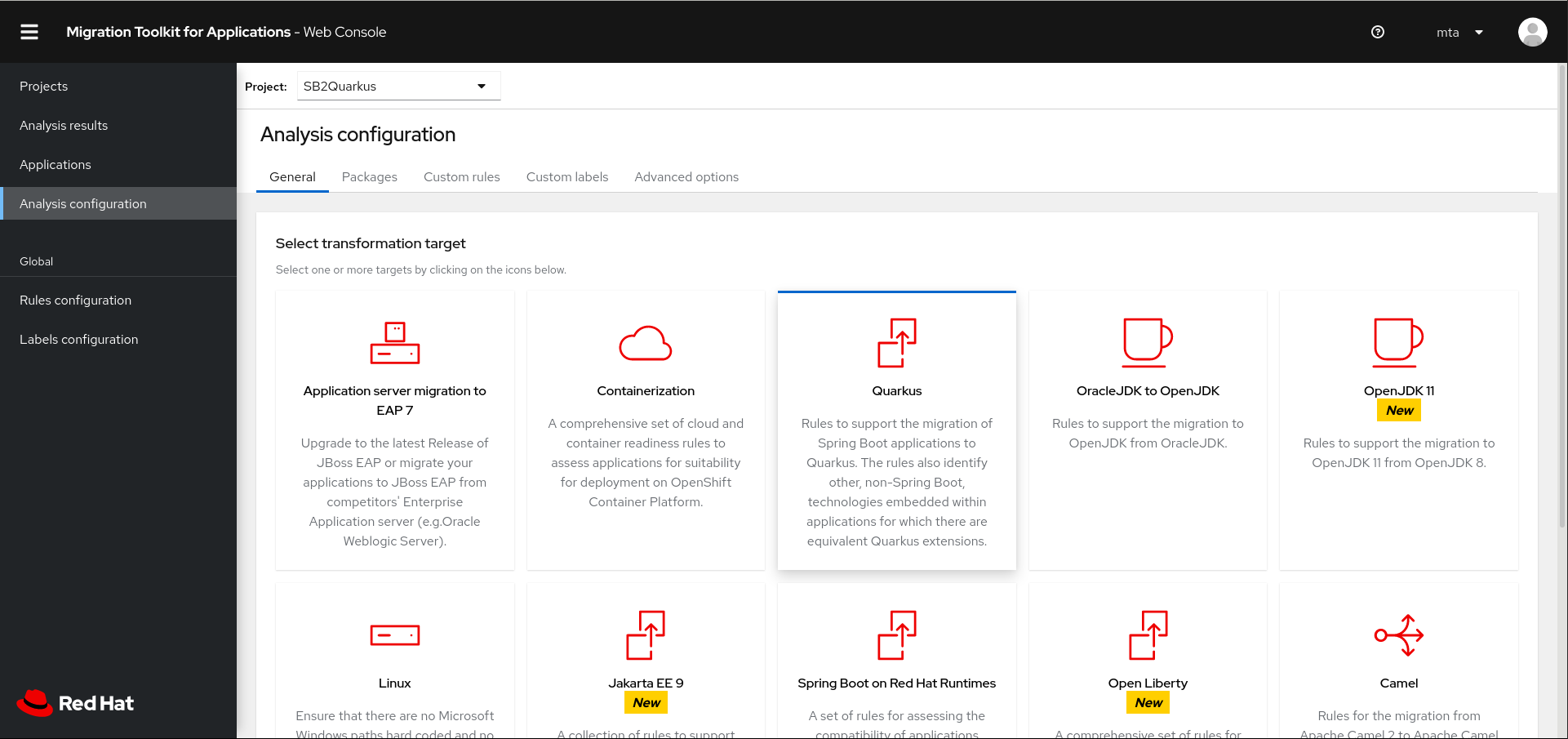 Analysis configuration screen